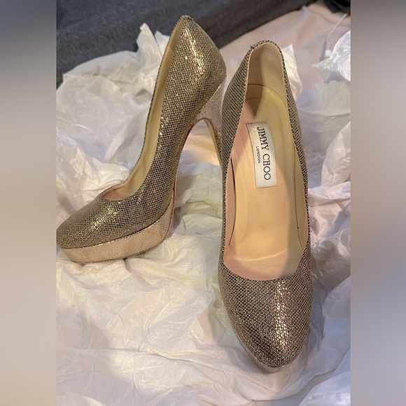 Jimmy Choo Gold Glitter Fabric And Embossed Leather Eros Platform Pump 38 - Picture 7 of 9